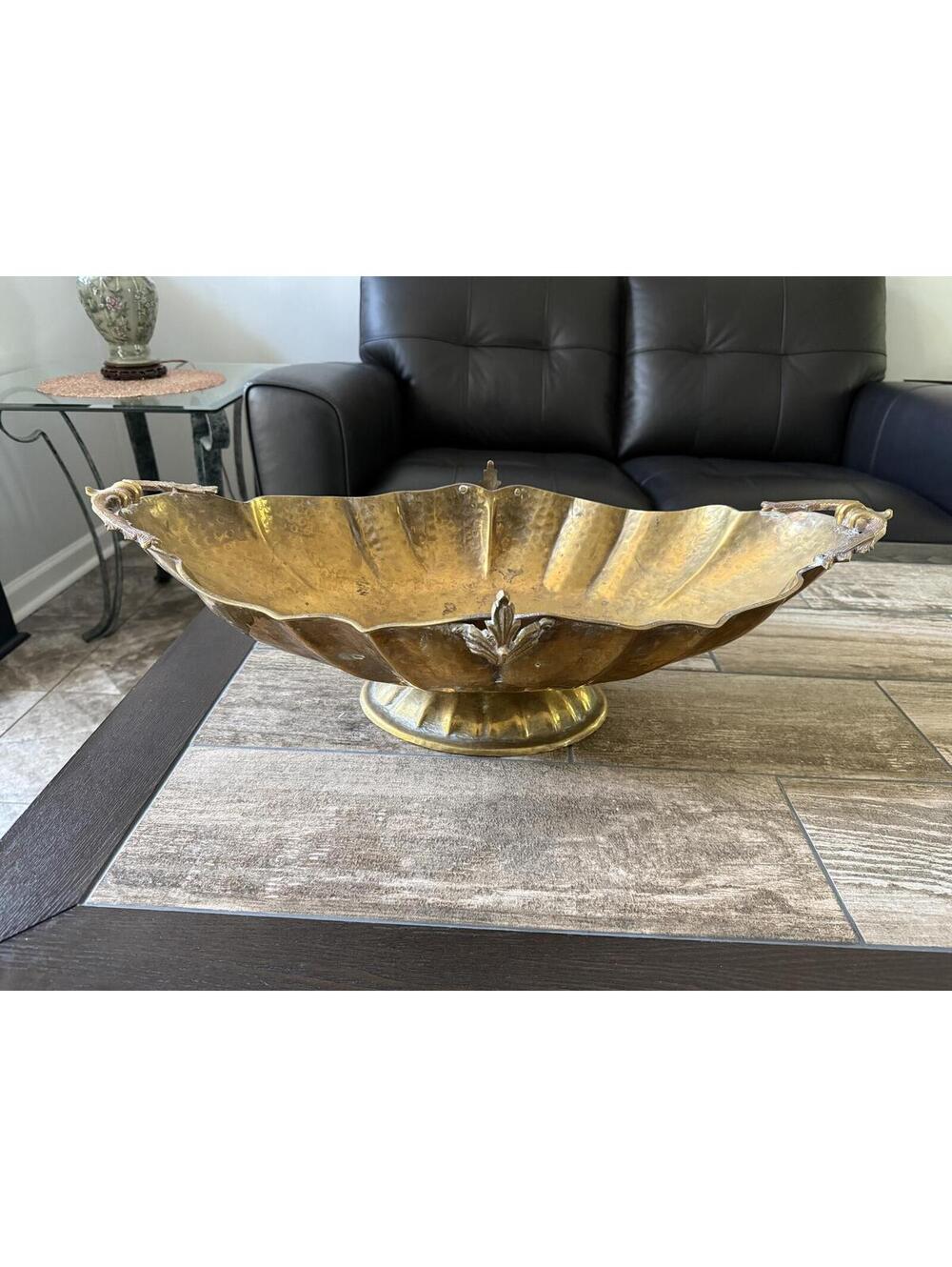 Vintage Hammered Brass Centerpiece Bowl Pedestal Footed Floral Handles